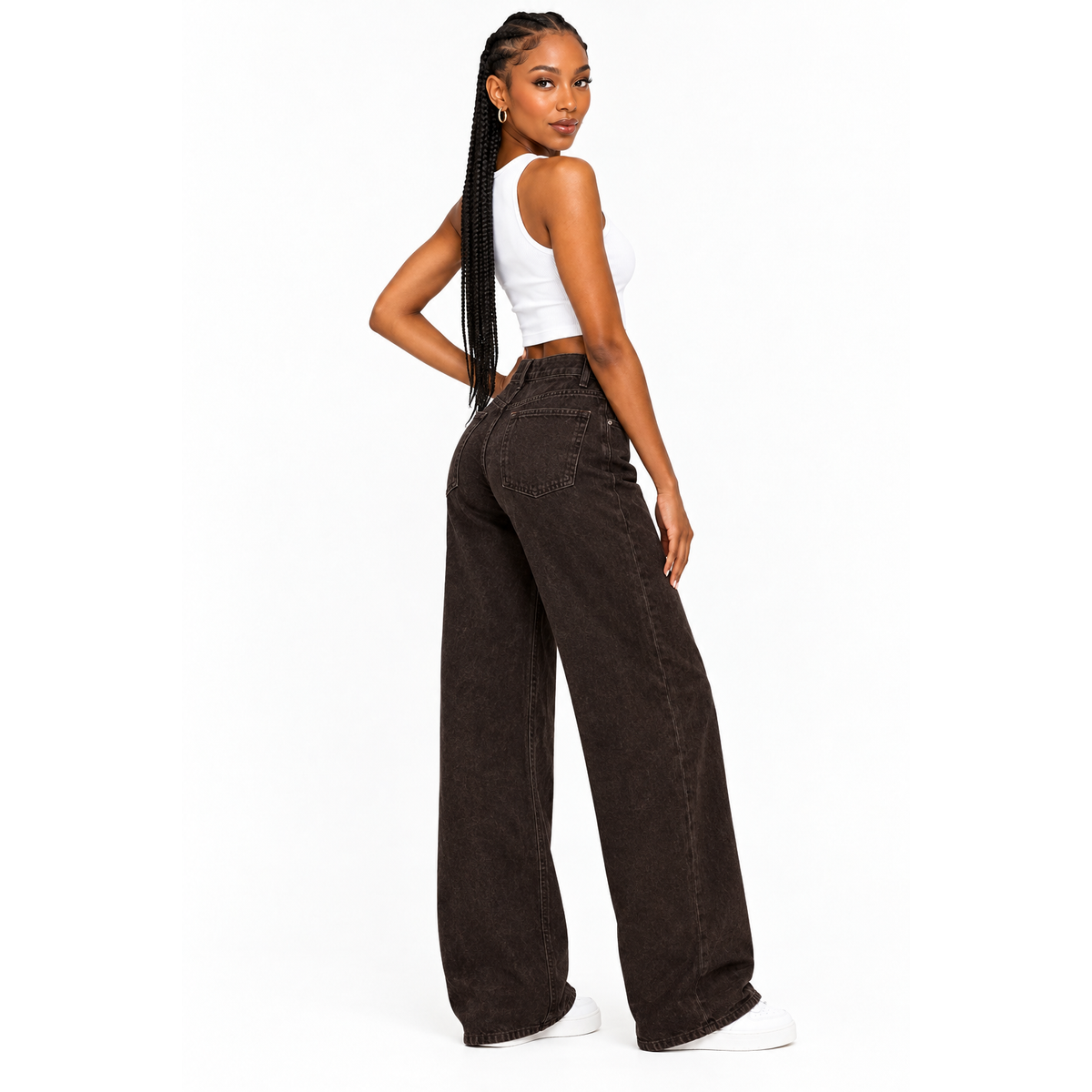 Brown High-Waisted Wide-Leg Denim Jeans