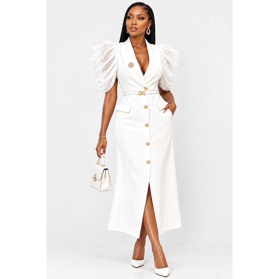 Double-Breasted Blazer Midi Dress with Sheer Ruched Sleeves
