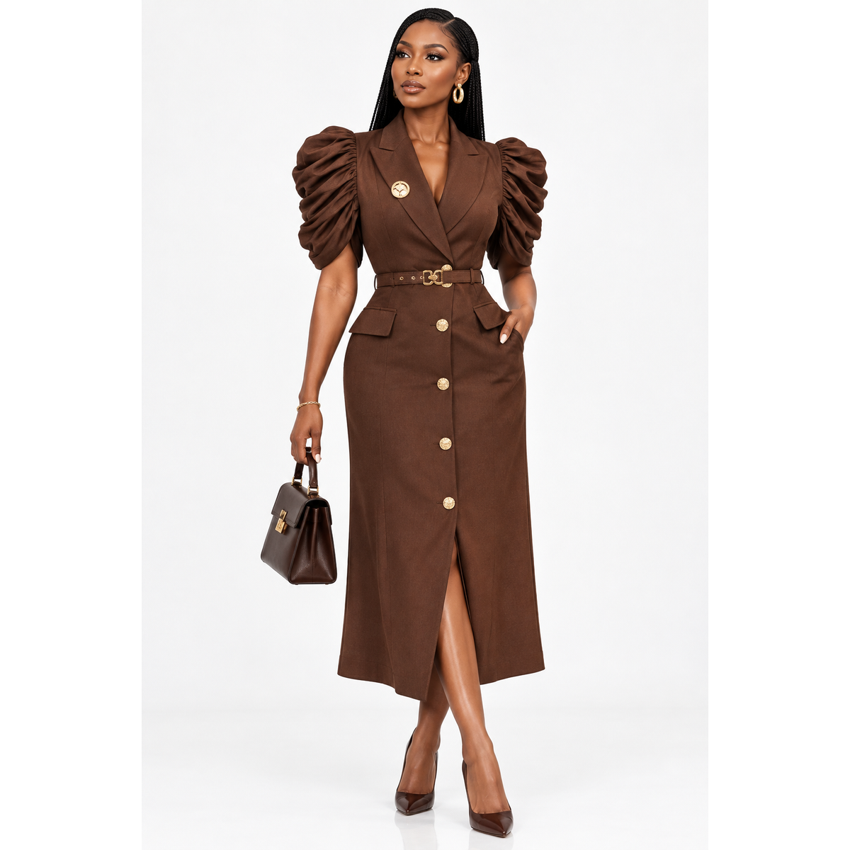 Double-Breasted Blazer Midi Dress with Sheer Ruched Sleeves