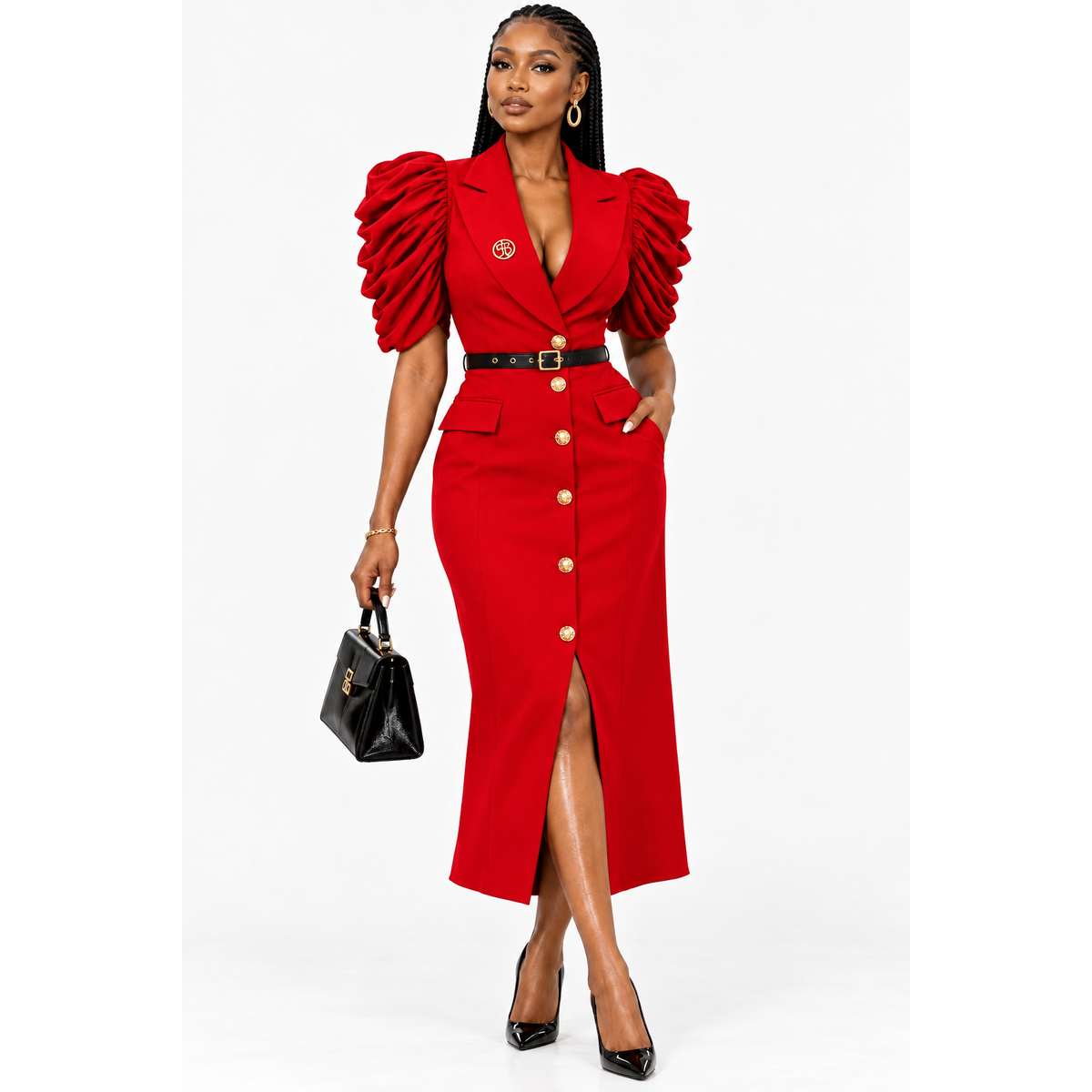 Double-Breasted Blazer Midi Dress with Sheer Ruched Sleeves