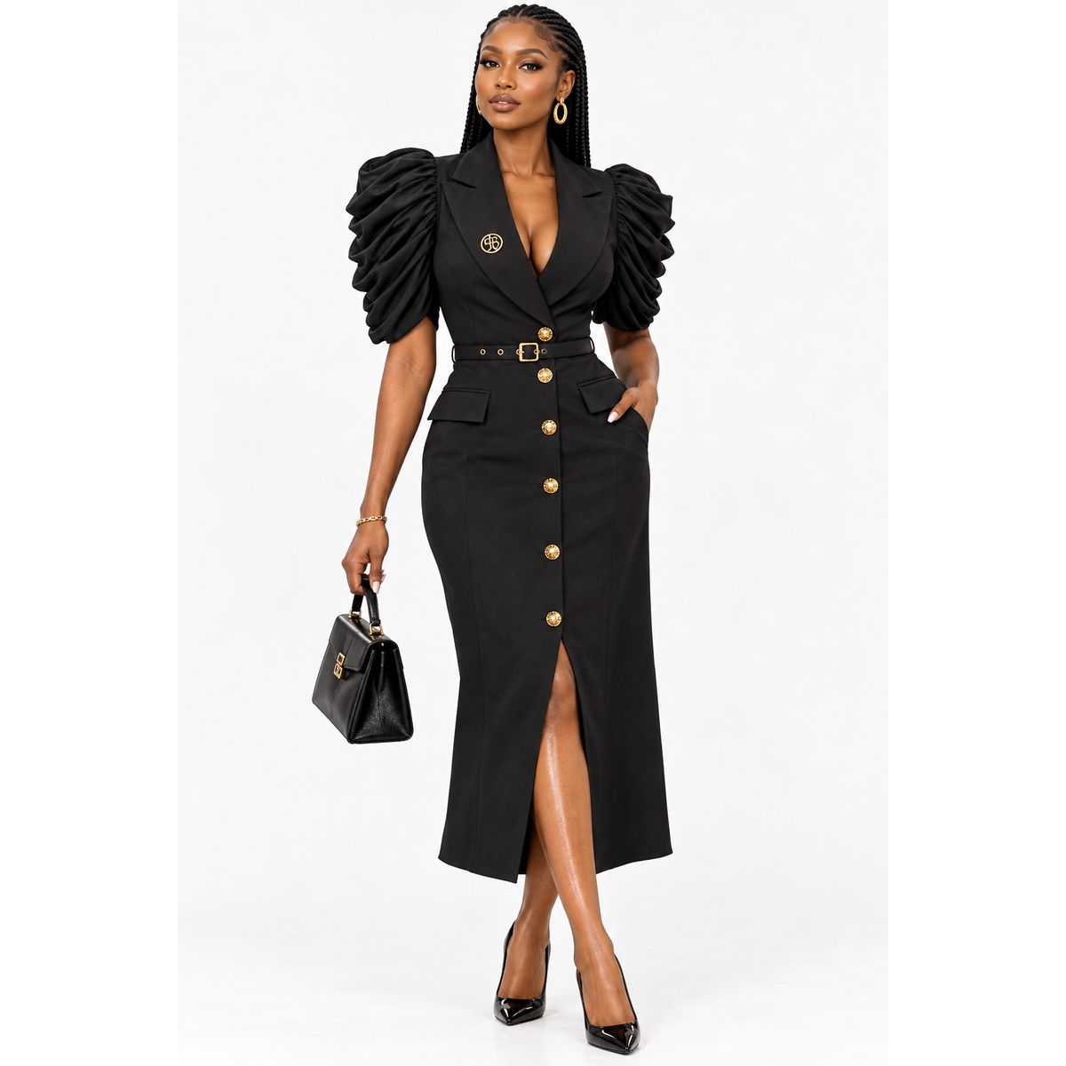 Double-Breasted Blazer Midi Dress with Sheer Ruched Sleeves