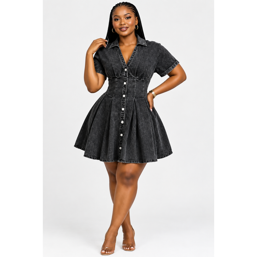 Black Denim Button-Front Mini Dress