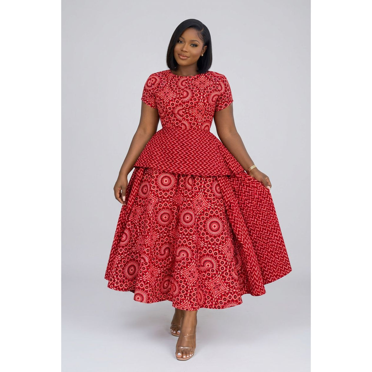 Red & White Geometric-Print Peplum Midi Dress