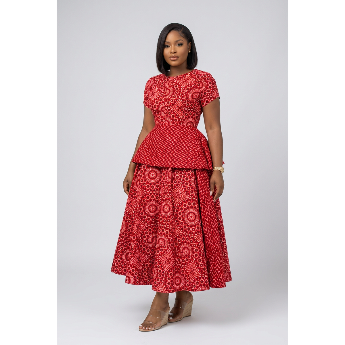 Red & White Geometric-Print Peplum Midi Dress