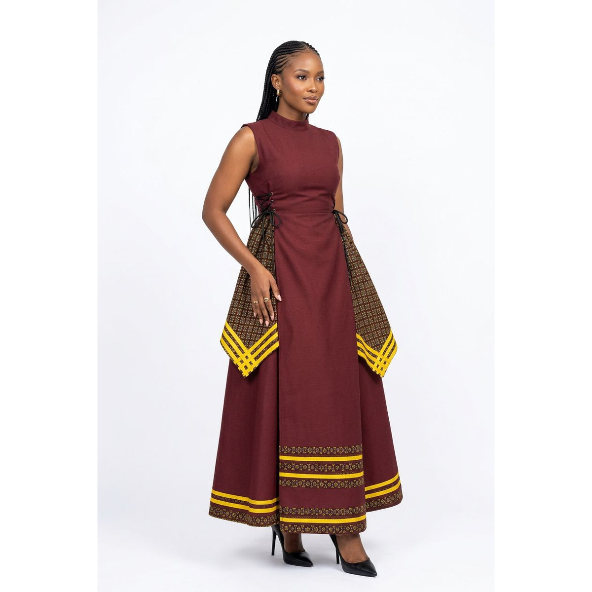 Sleeveless African-Style Maxi Dress with Patterned Side Drapes