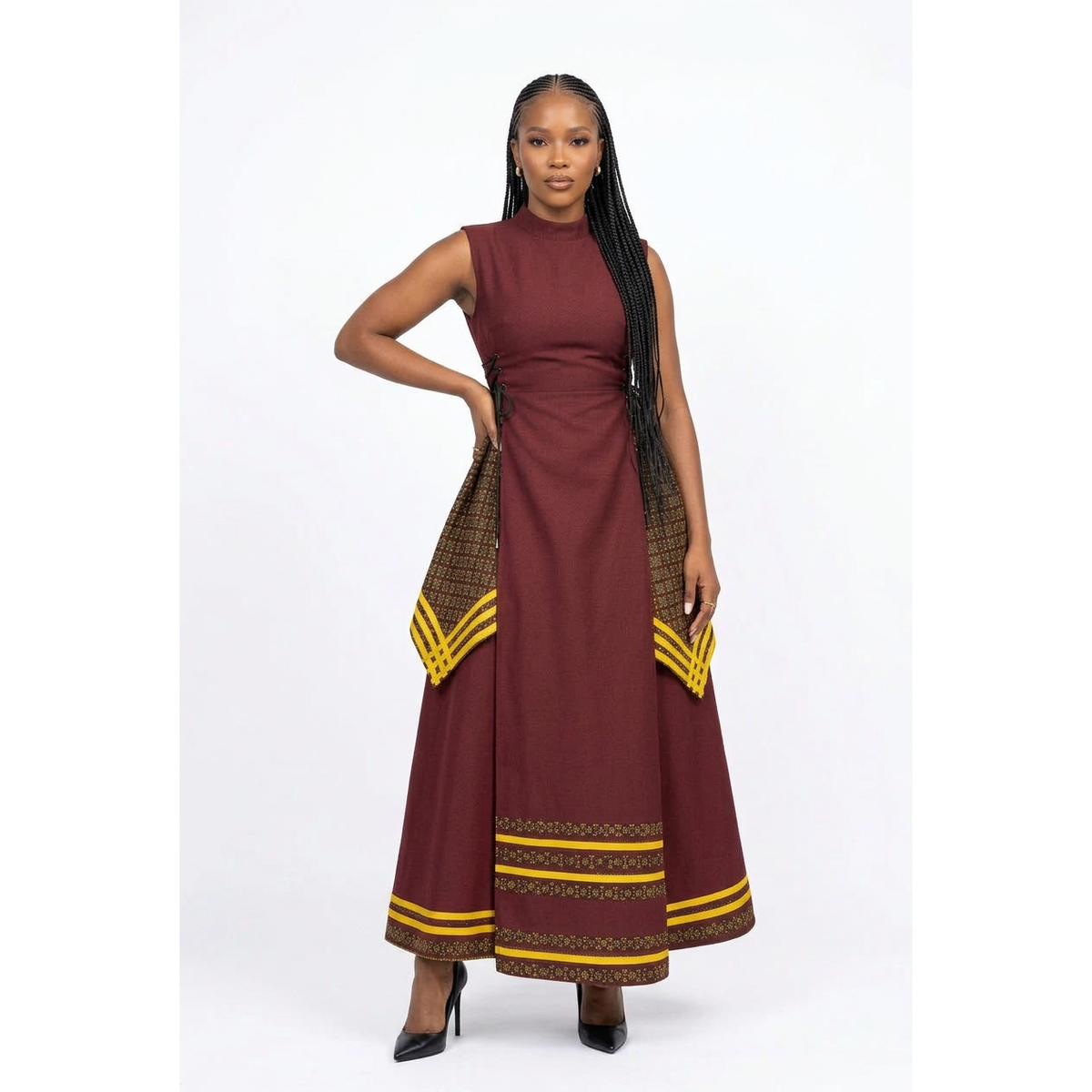 Sleeveless African-Style Maxi Dress with Patterned Side Drapes
