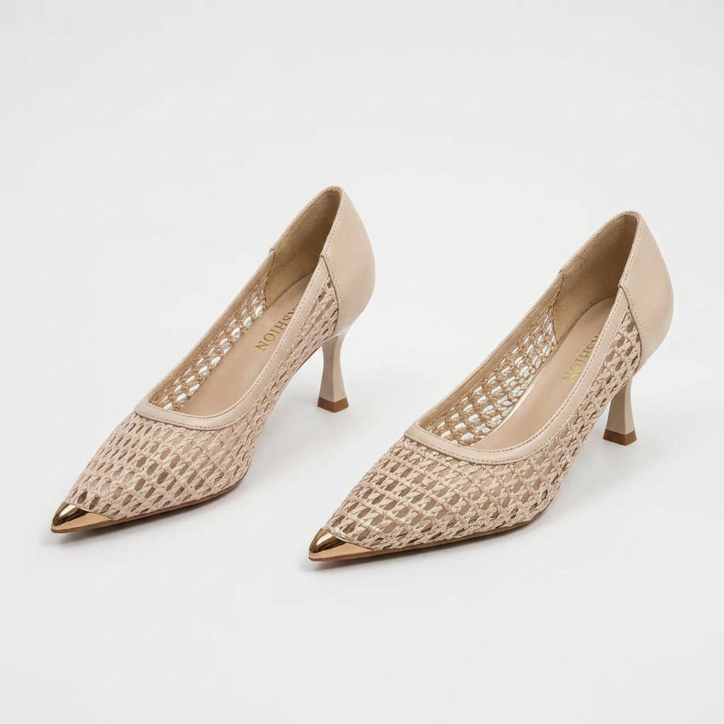 Woven Mesh Pointed-Toe Stiletto Pumps with Metallic Toe Caps