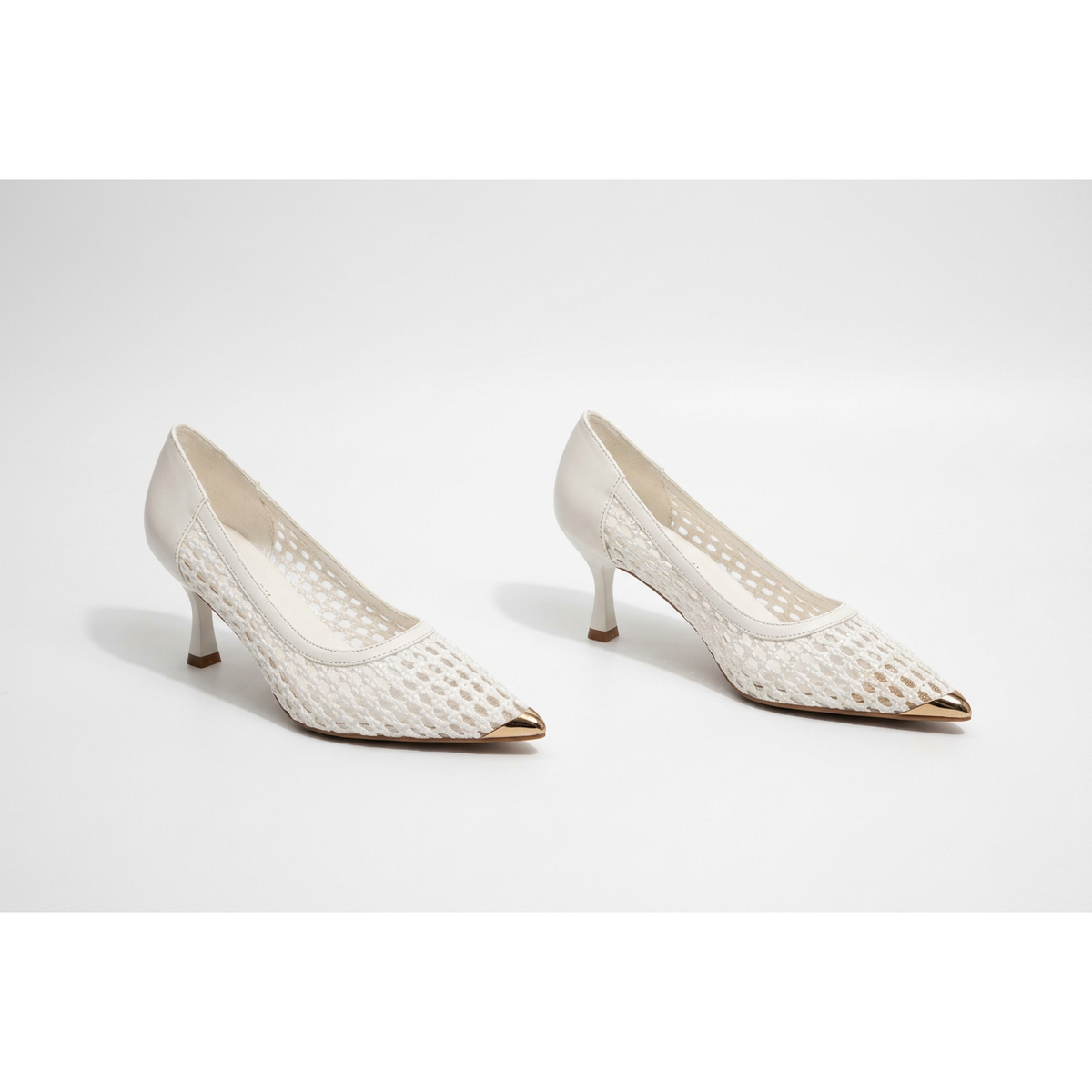 Woven Mesh Pointed-Toe Stiletto Pumps with Metallic Toe Caps