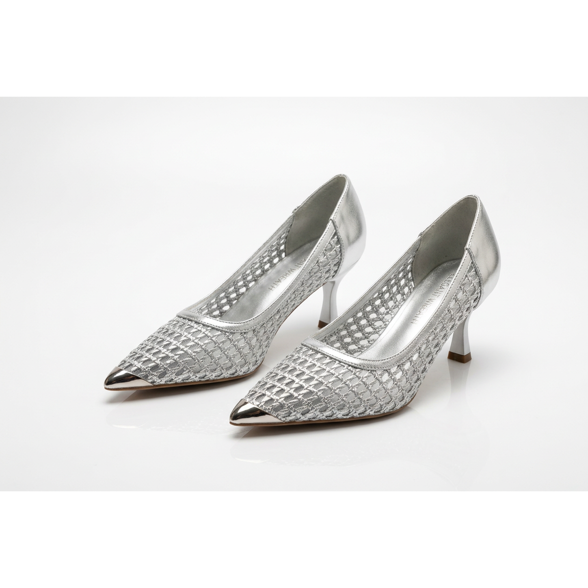 Woven Mesh Pointed-Toe Stiletto Pumps with Metallic Toe Caps