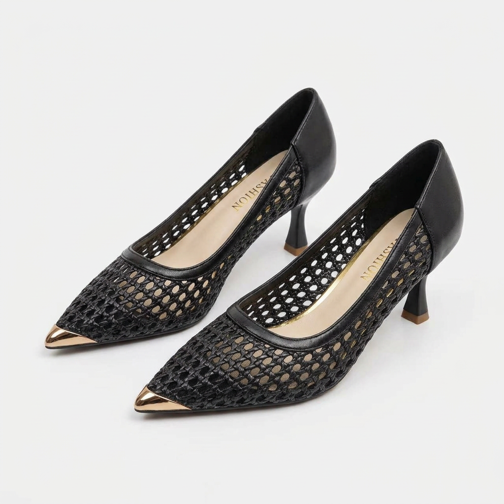 Woven Mesh Pointed-Toe Stiletto Pumps with Metallic Toe Caps