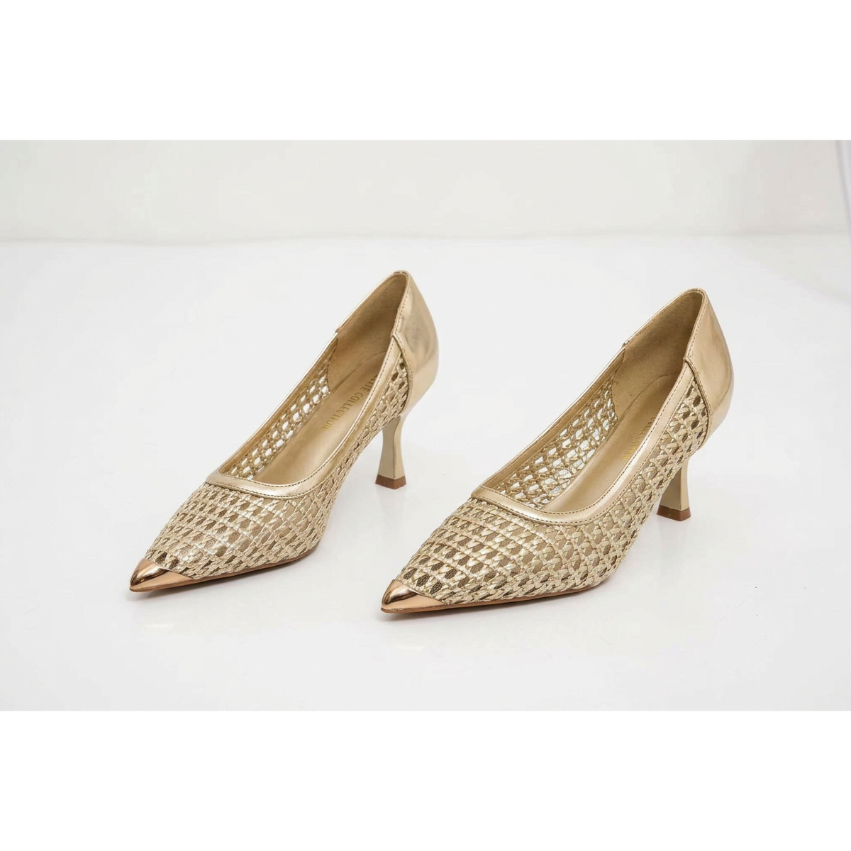 Woven Mesh Pointed-Toe Stiletto Pumps with Metallic Toe Caps