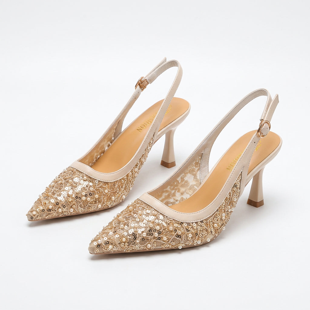 Sequin & Beaded Pointed-Toe Slingback Stiletto Pumps