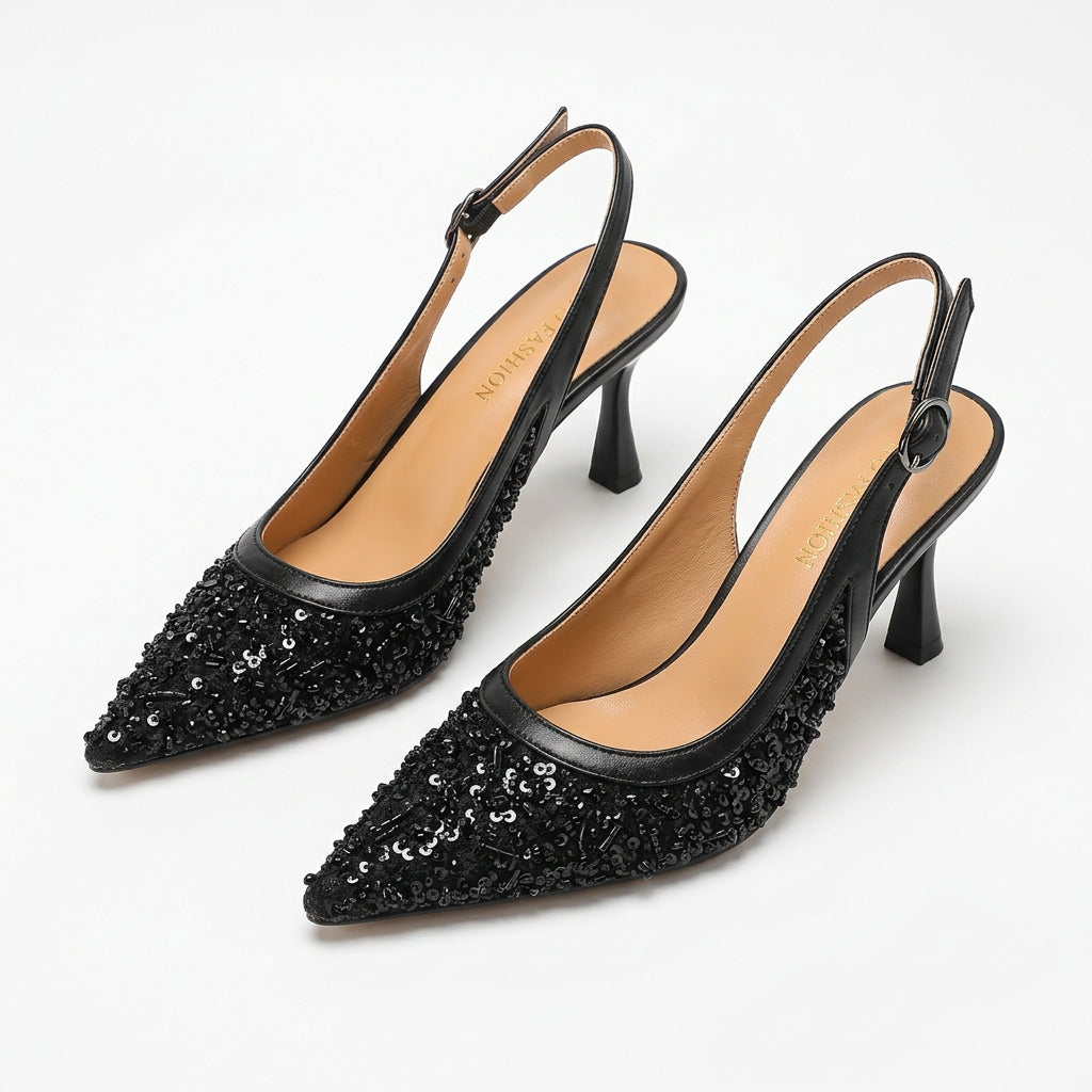 Sequin & Beaded Pointed-Toe Slingback Stiletto Pumps