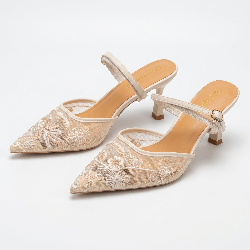 Embroidered Mesh Pointed-Toe Double-Strap Heels