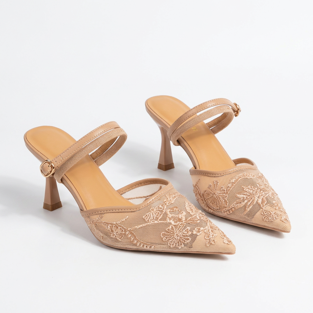 Embroidered Mesh Pointed-Toe Double-Strap Heels