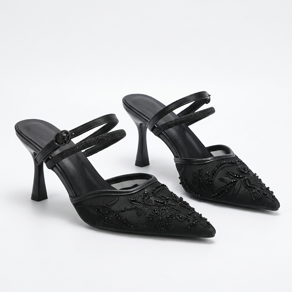 Embroidered Mesh Pointed-Toe Double-Strap Heels
