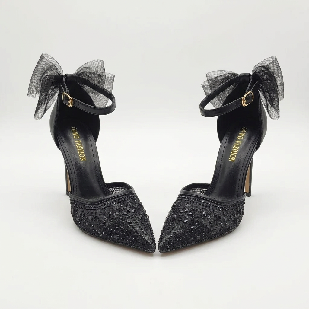 Rhinestone Mesh Pointed-Toe Ankle-Strap Court Heels