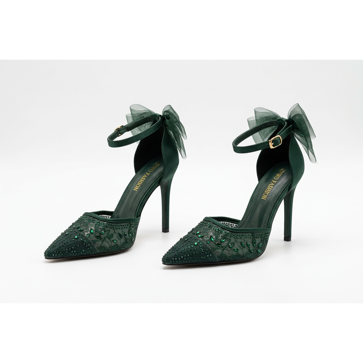 Rhinestone Mesh Pointed-Toe Ankle-Strap Court Heels