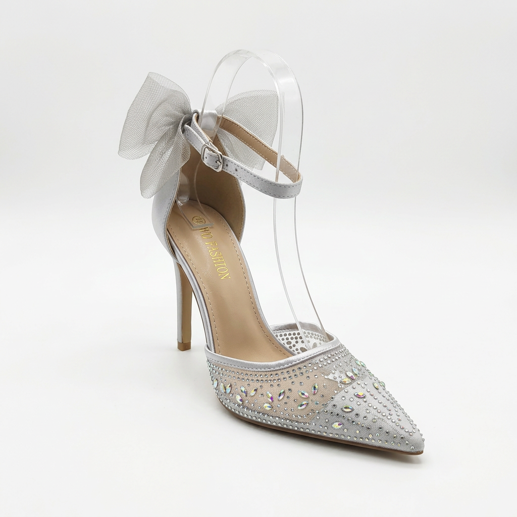 Rhinestone Mesh Pointed-Toe Ankle-Strap Court Heels