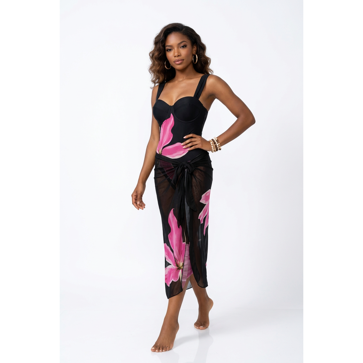 Plus Size Floral One-Piece Swimsuit with Matching Sarong