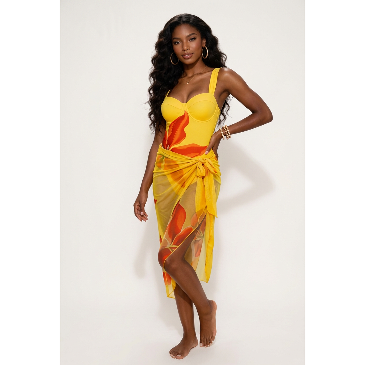 Plus Size Floral One-Piece Swimsuit with Matching Sarong