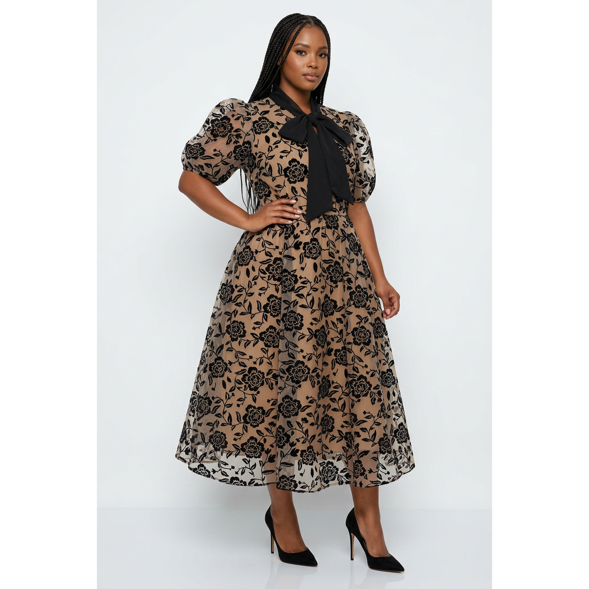 Floral Flocked Mesh Midi Dress with Puff Sleeves & Bow Collar
