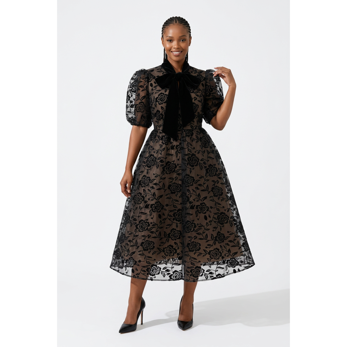 Floral Flocked Mesh Midi Dress with Puff Sleeves & Bow Collar