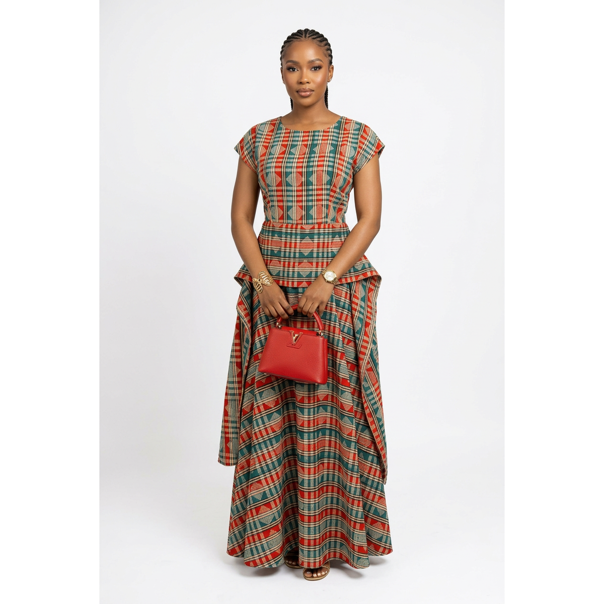Multicolour Print Maxi Dress with Extended Peplum
