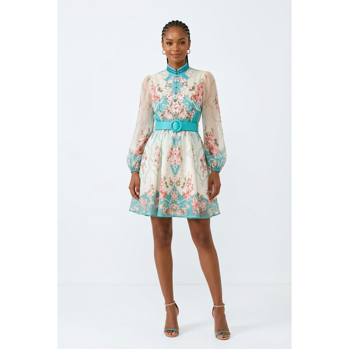 Hypnotic Printed Belted Mini Dress with Bishop Sleeves
