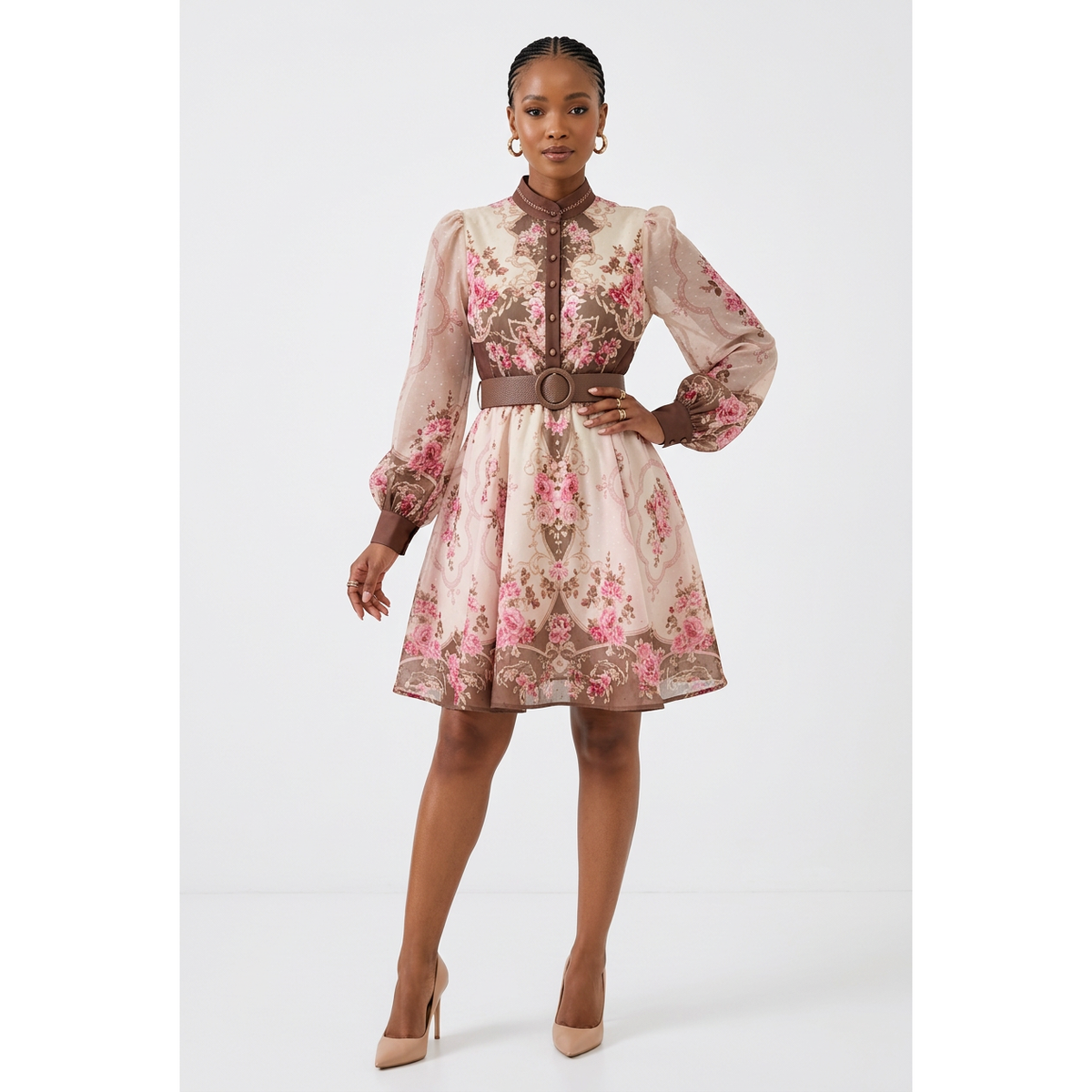 Hypnotic Printed Belted Mini Dress with Bishop Sleeves