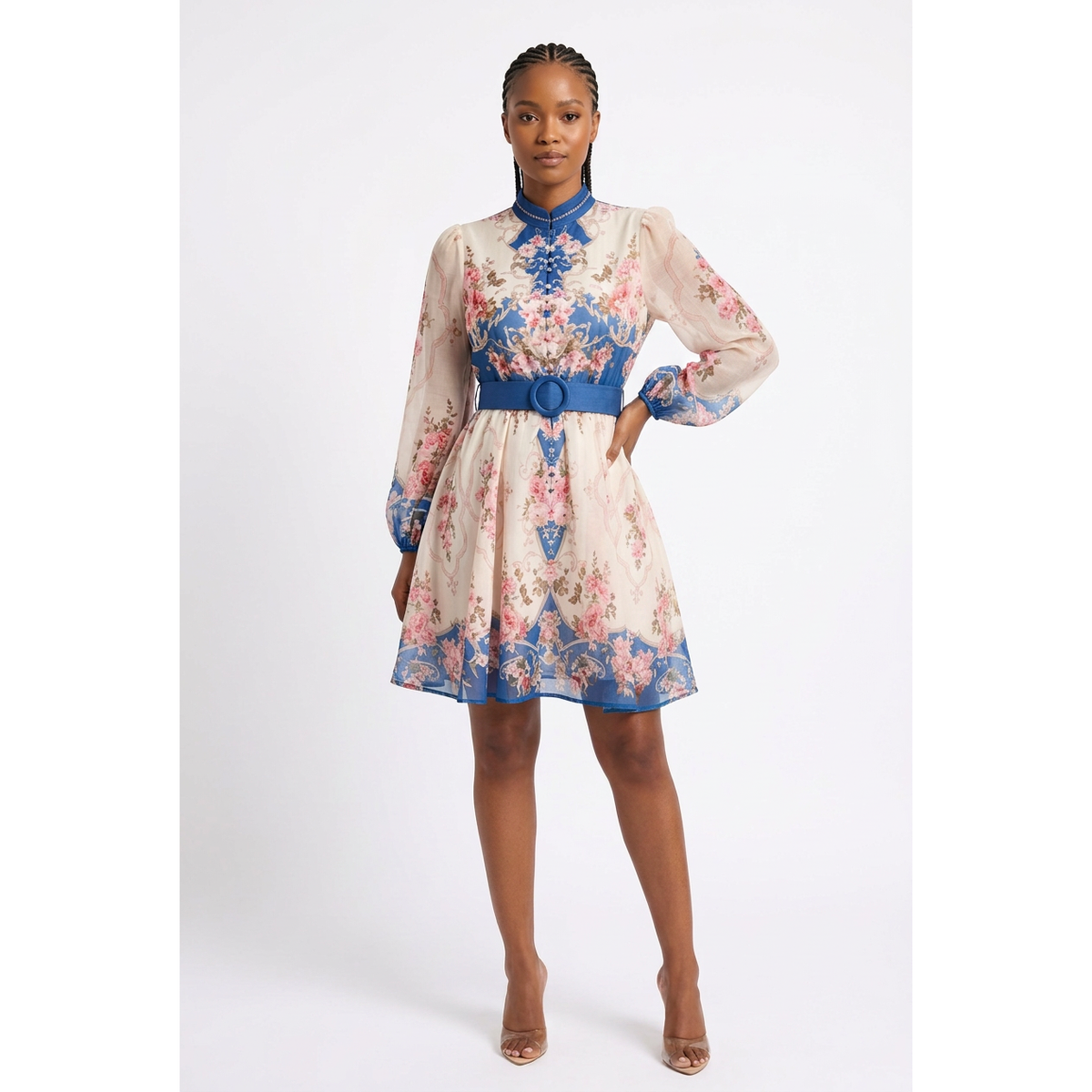 Hypnotic Printed Belted Mini Dress with Bishop Sleeves