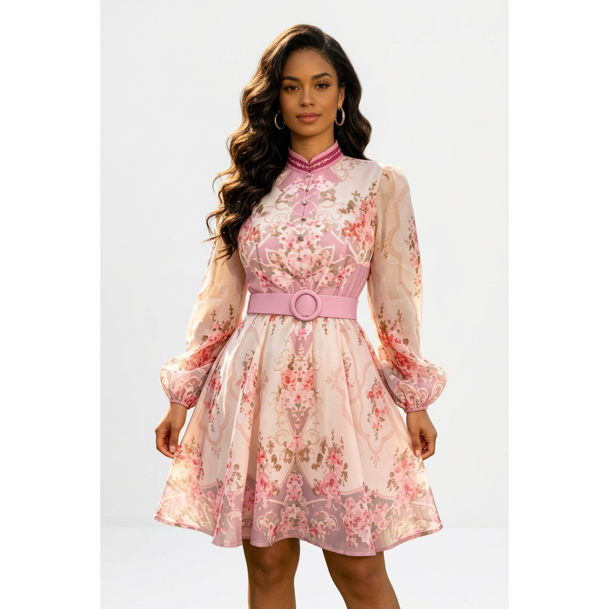 Hypnotic Printed Belted Mini Dress with Bishop Sleeves