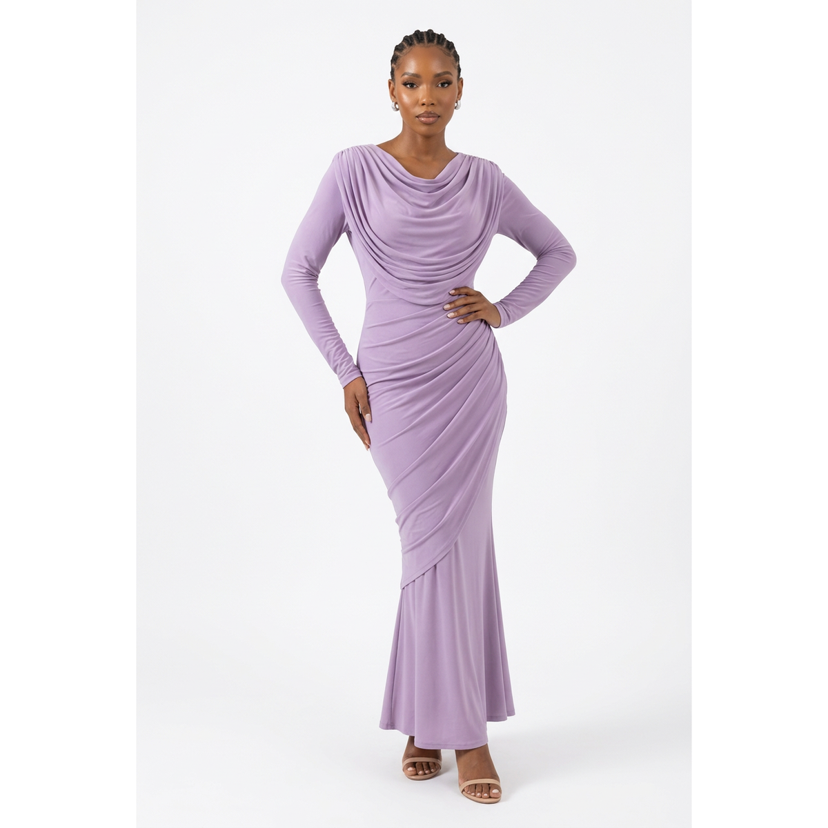 Long-Sleeve Cowl-Neck Ruched Mermaid Dress