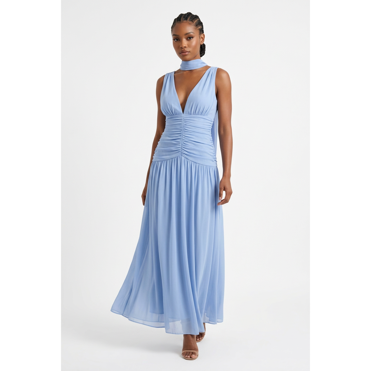 Sleeveless V-Neck Ruched Maxi Dress with Matching Scarf