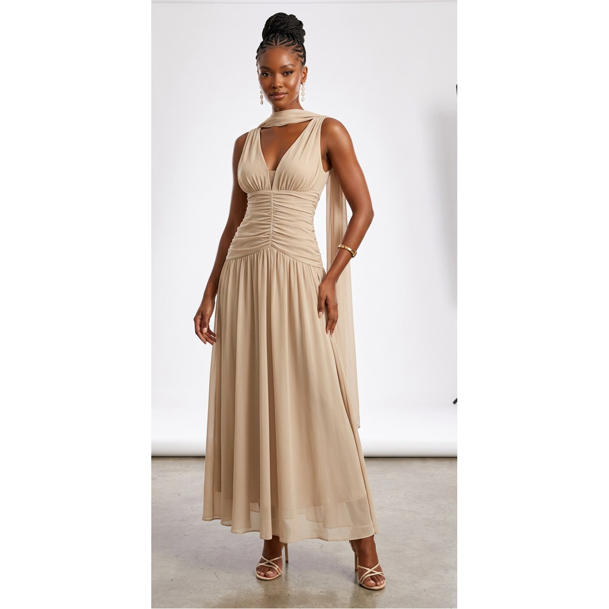 Sleeveless V-Neck Ruched Maxi Dress with Matching Scarf