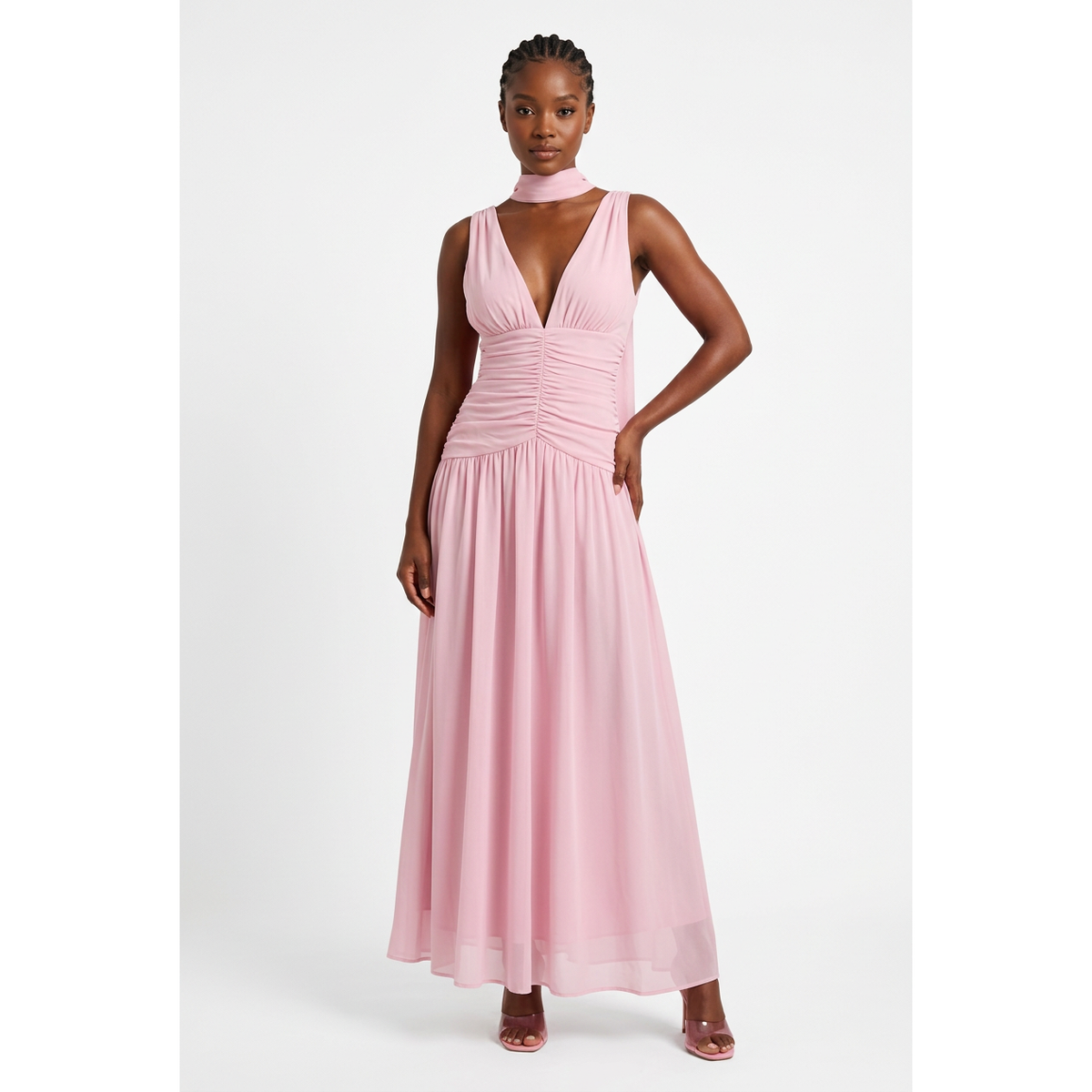 Sleeveless V-Neck Ruched Maxi Dress with Matching Scarf