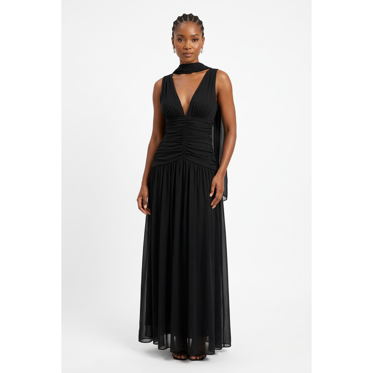 Sleeveless V-Neck Ruched Maxi Dress with Matching Scarf