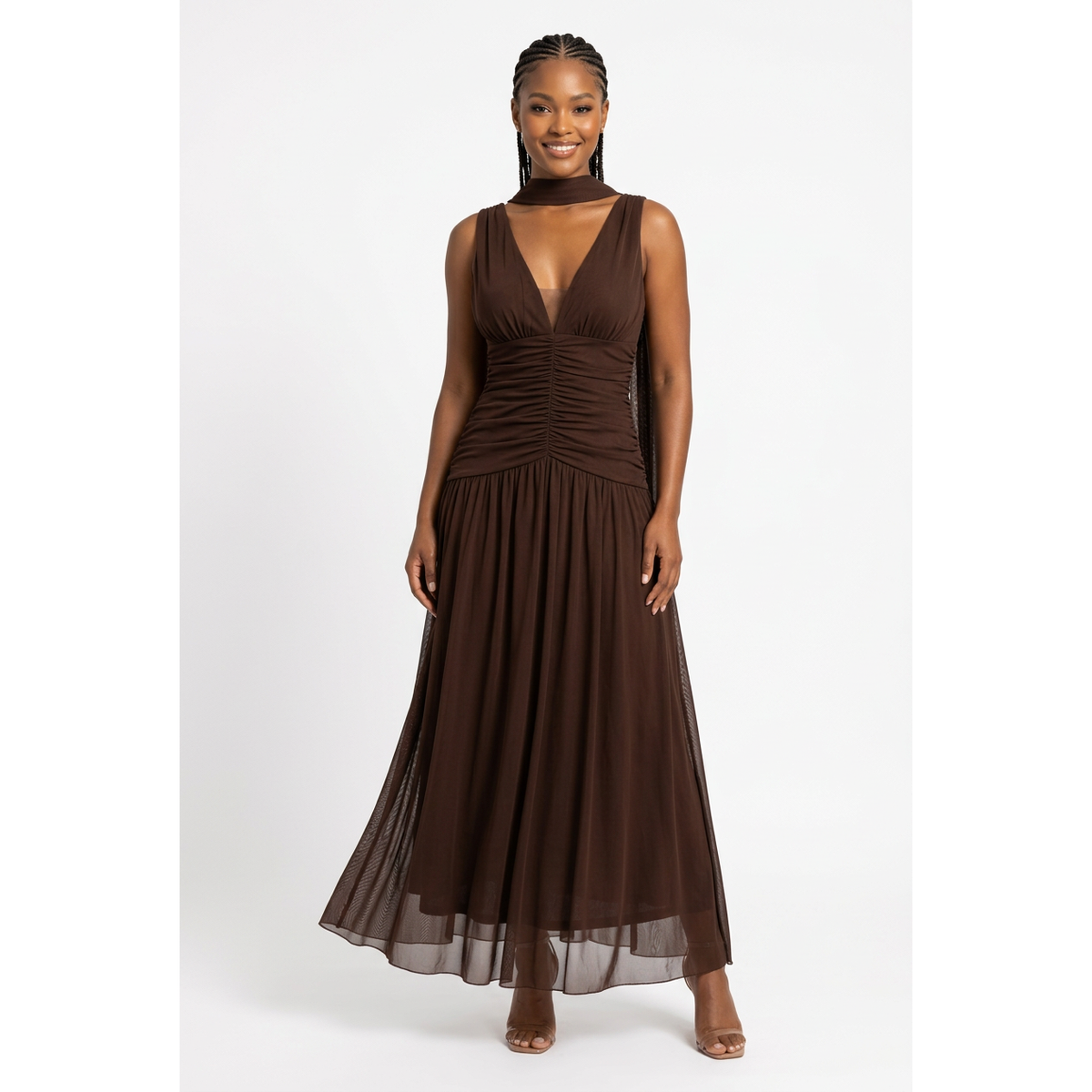 Sleeveless V-Neck Ruched Maxi Dress with Matching Scarf