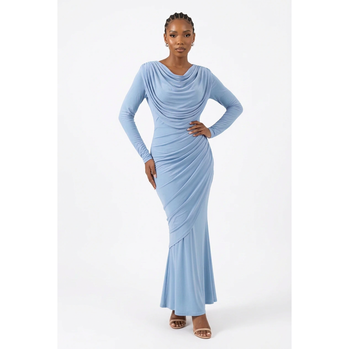 Long-Sleeve Cowl-Neck Ruched Mermaid Dress