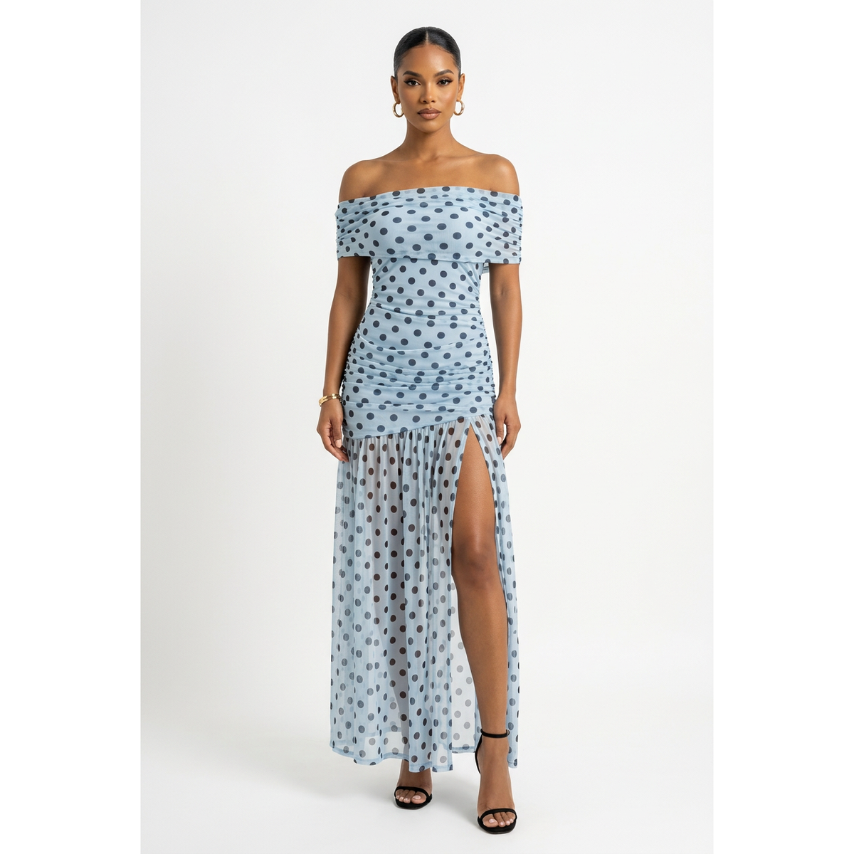 Polka Dot Off-Shoulder Ruched Mesh Maxi Dress