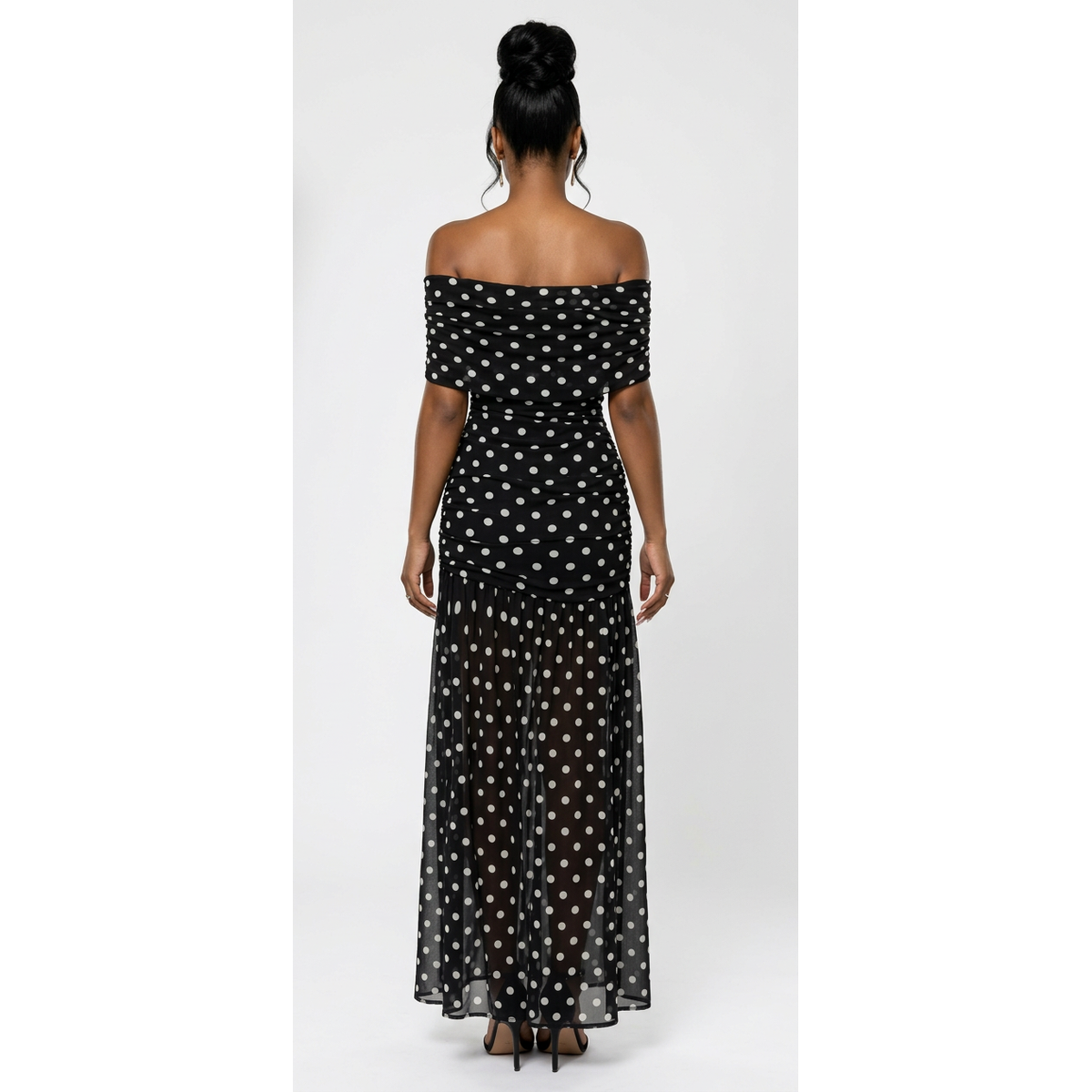 Polka Dot Off-Shoulder Ruched Mesh Maxi Dress