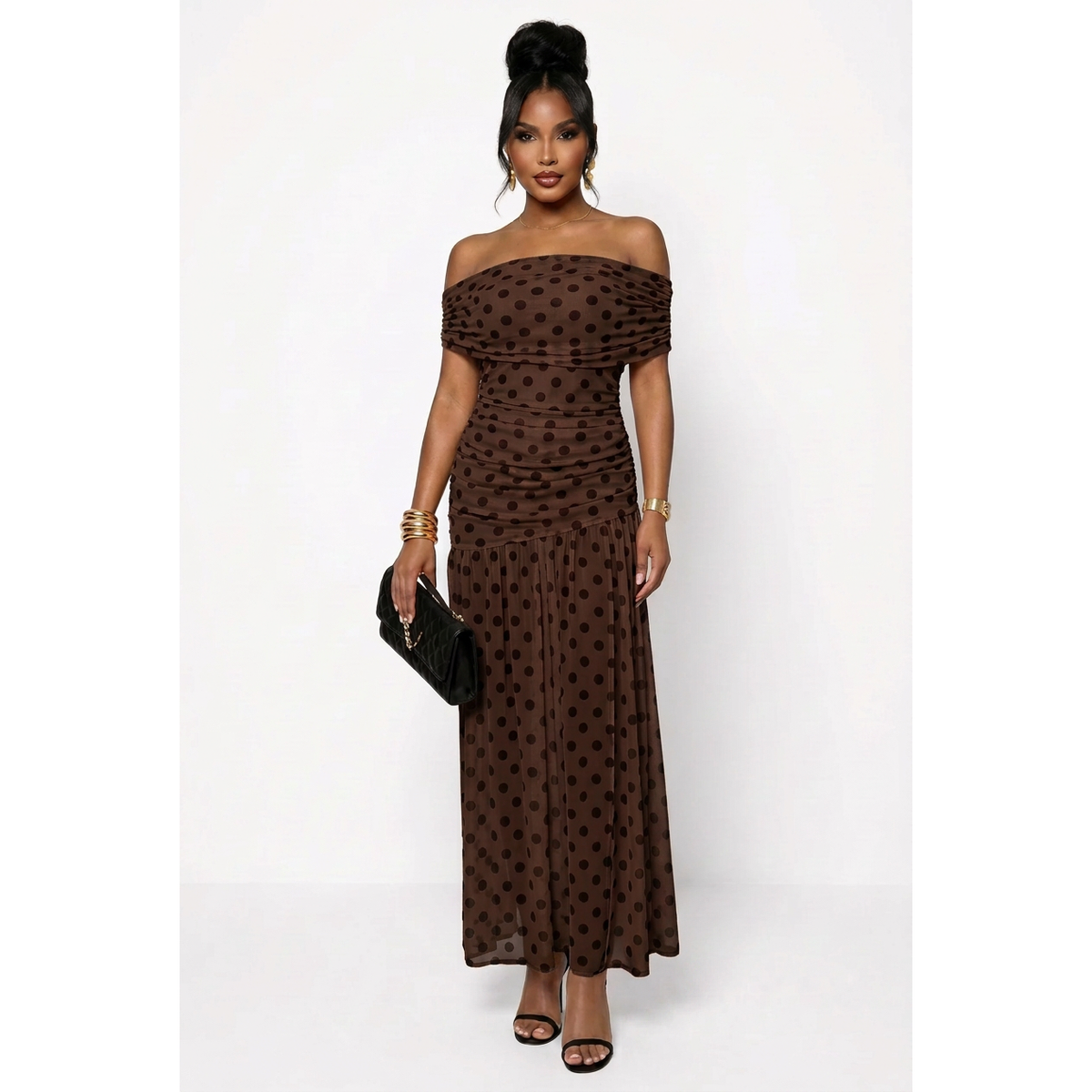 Polka Dot Off-Shoulder Ruched Mesh Maxi Dress
