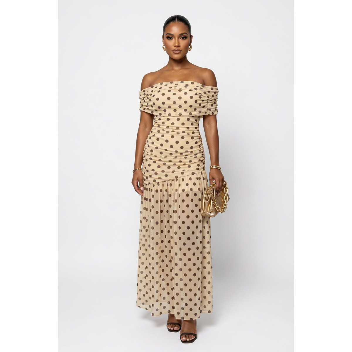 Polka Dot Off-Shoulder Ruched Mesh Maxi Dress