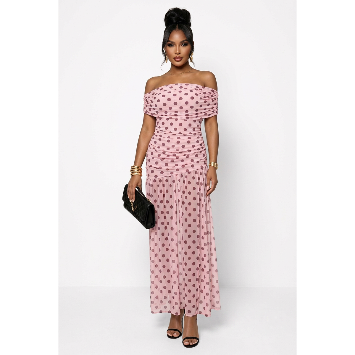 Polka Dot Off-Shoulder Ruched Mesh Maxi Dress