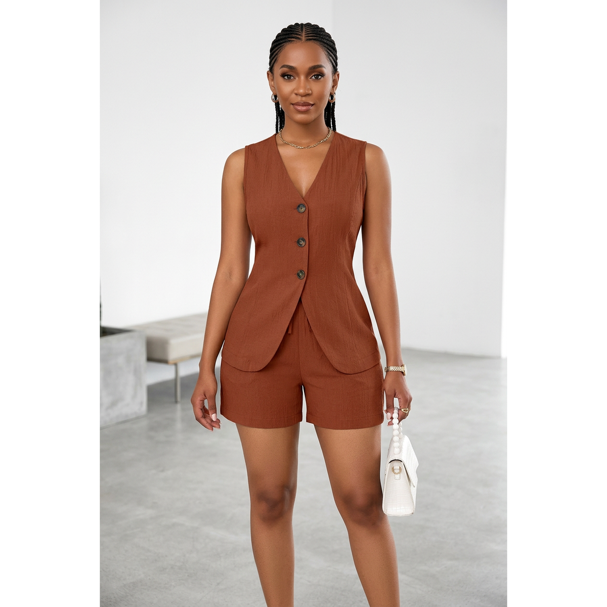 Women's Two-Piece Button-Front Vest and Shorts Set