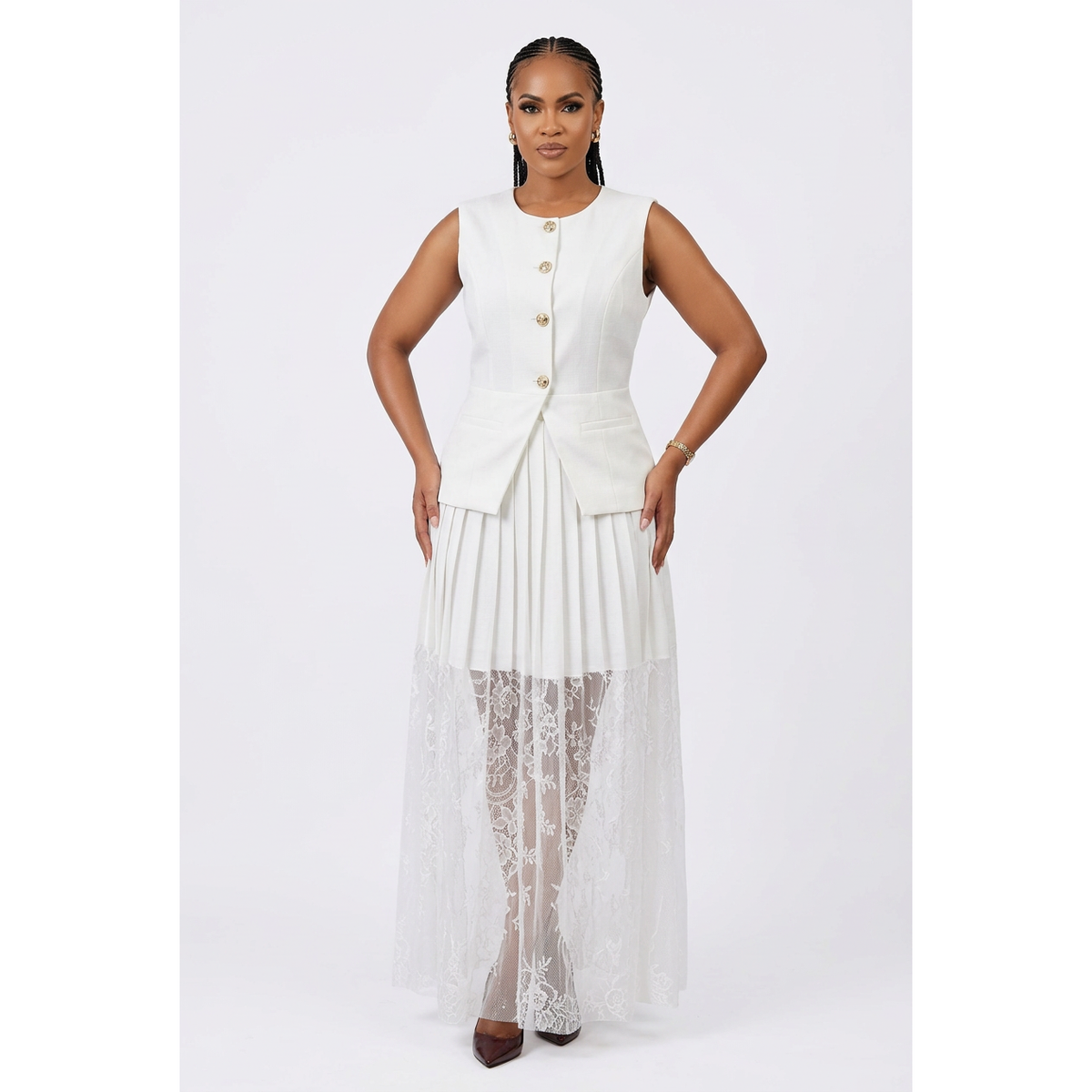Button-Up Vest & Pleated Lace Maxi Skirt Two-Piece Set