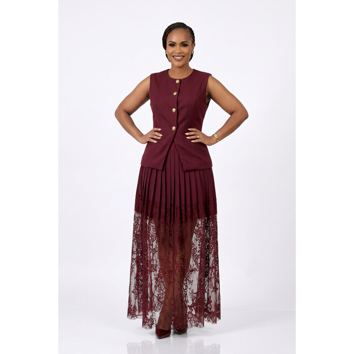Button-Up Vest & Pleated Lace Maxi Skirt Two-Piece Set