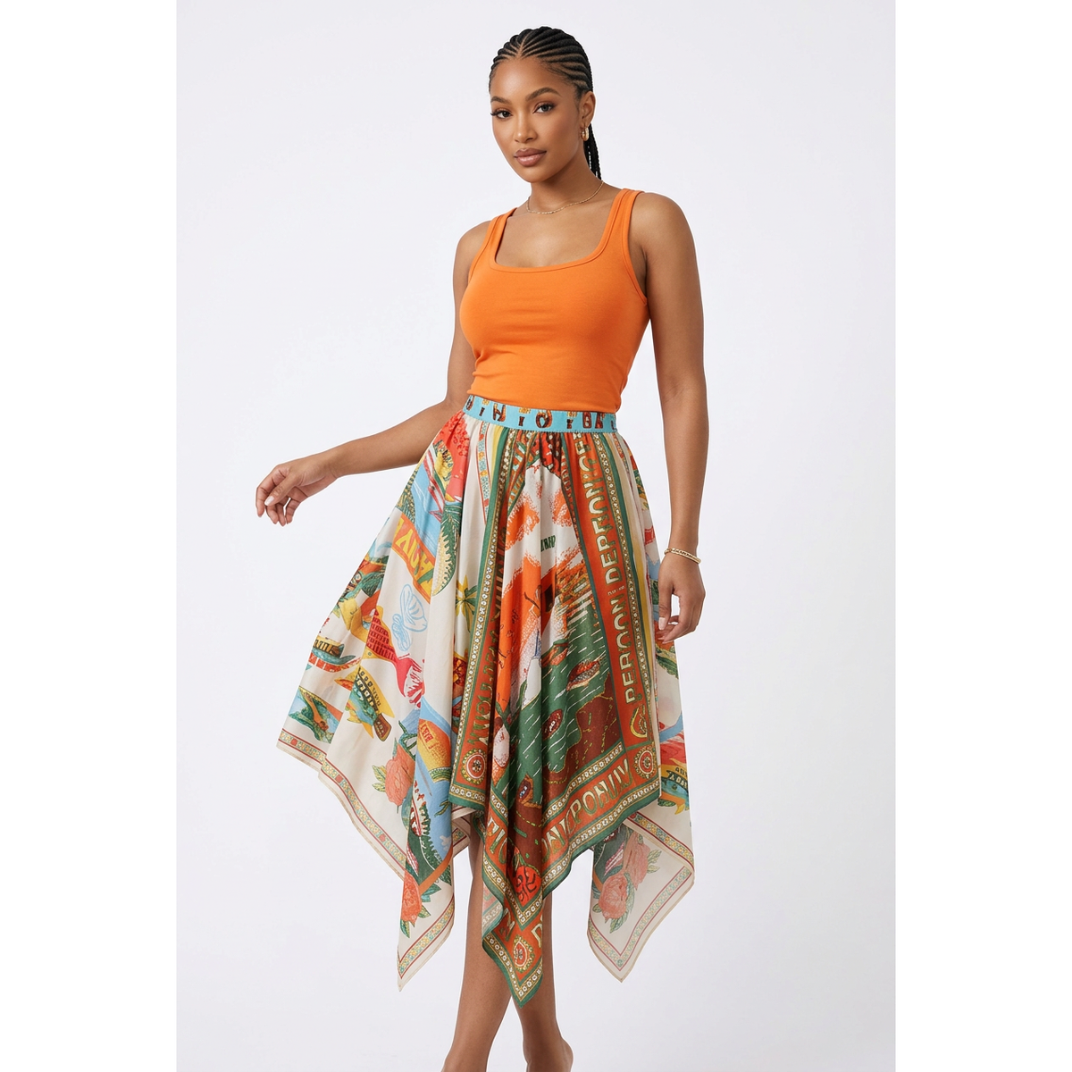 Vintage Print Tank Top & Handkerchief Skirt Two-Piece Set