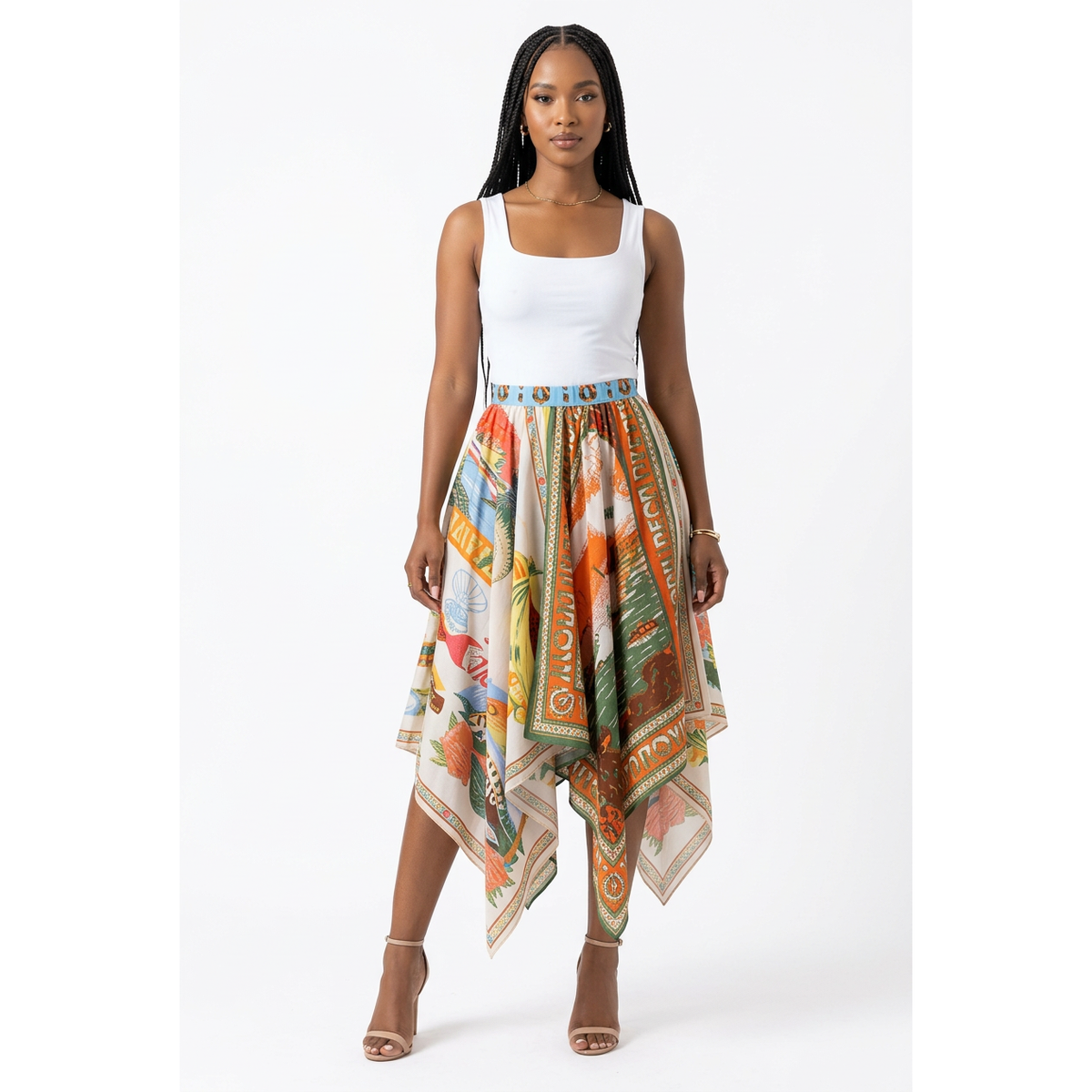 Vintage Print Tank Top & Handkerchief Skirt Two-Piece Set