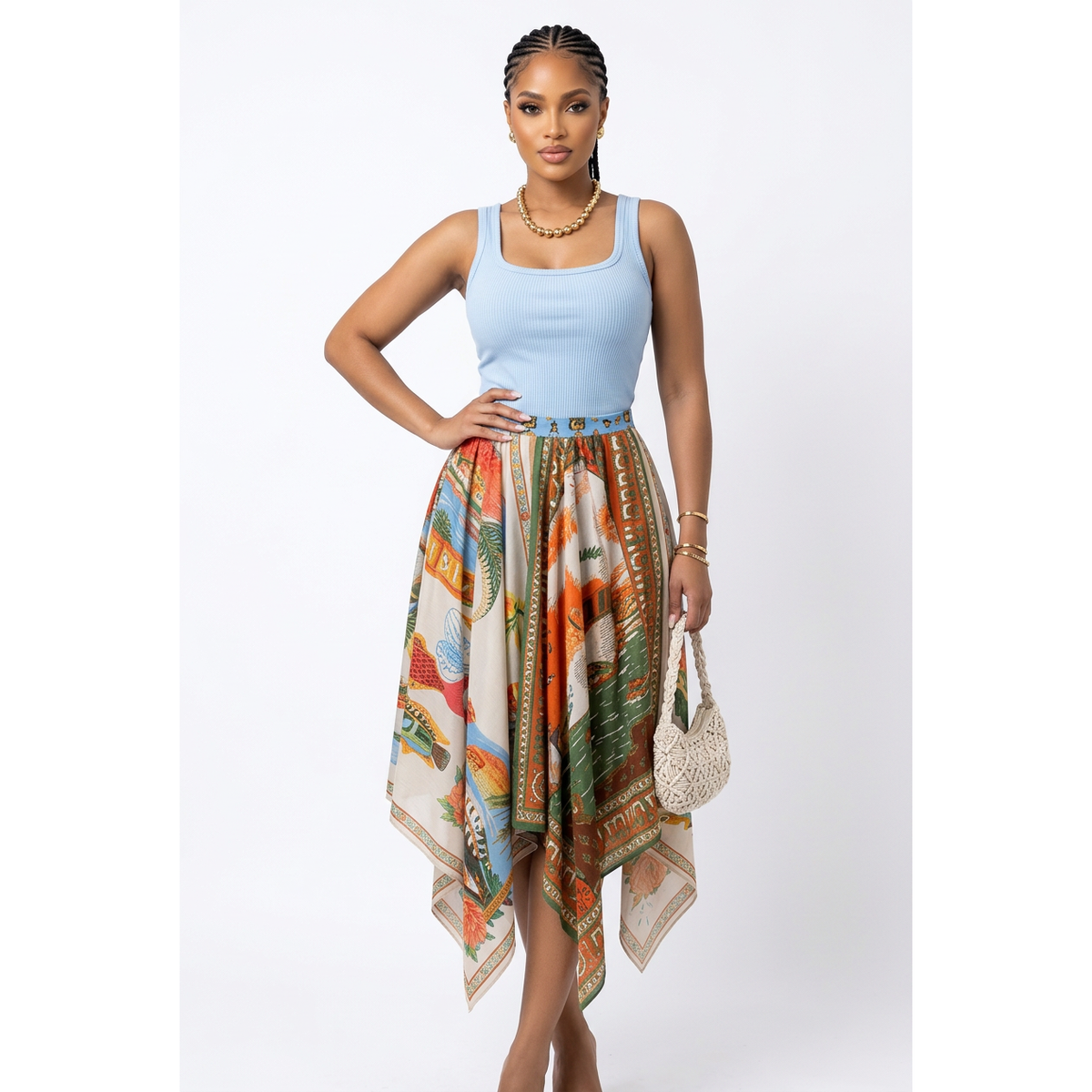 Vintage Print Tank Top & Handkerchief Skirt Two-Piece Set